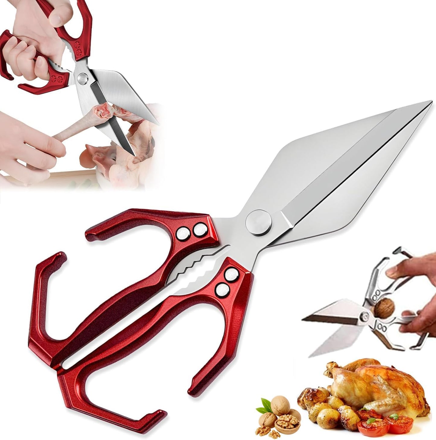 Multifunctional Heavy-Duty Kitchen Shears, Poultry Shears with Ergonomic Handle, High-Carbon Steel Culinary Shears for Chicken, Meat, Seafood, Bone Cutting, Dishwasher Safe (Red)