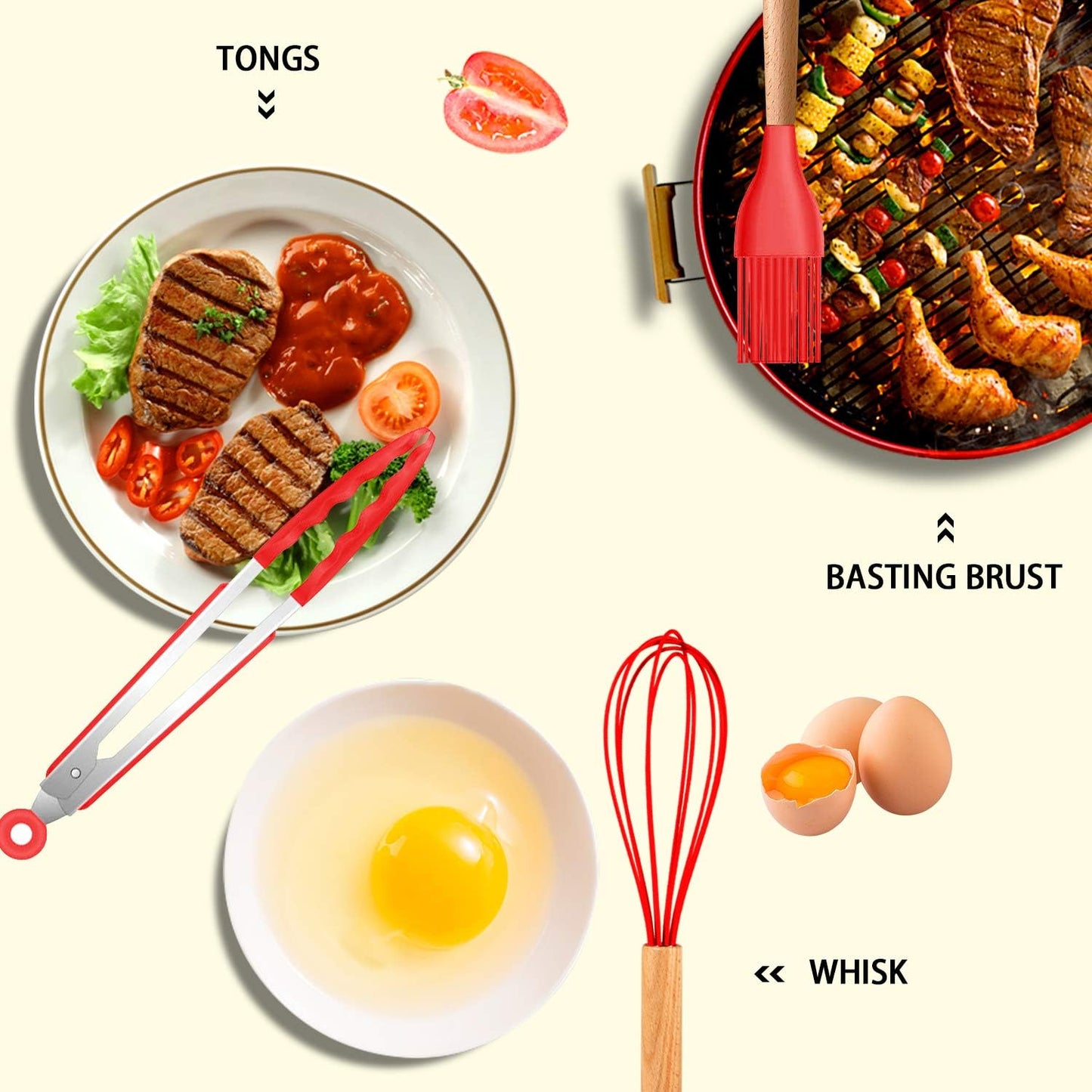 MIBOTE Silicone Cooking Utensils Kitchen Utensil Set - 446°F Heat Resistant,Turner Tongs, Spatula, Spoon, Whisk, Wooden Handle Kitchen Gadgets with Holder for Nonstick Cookware Christmas (Red)