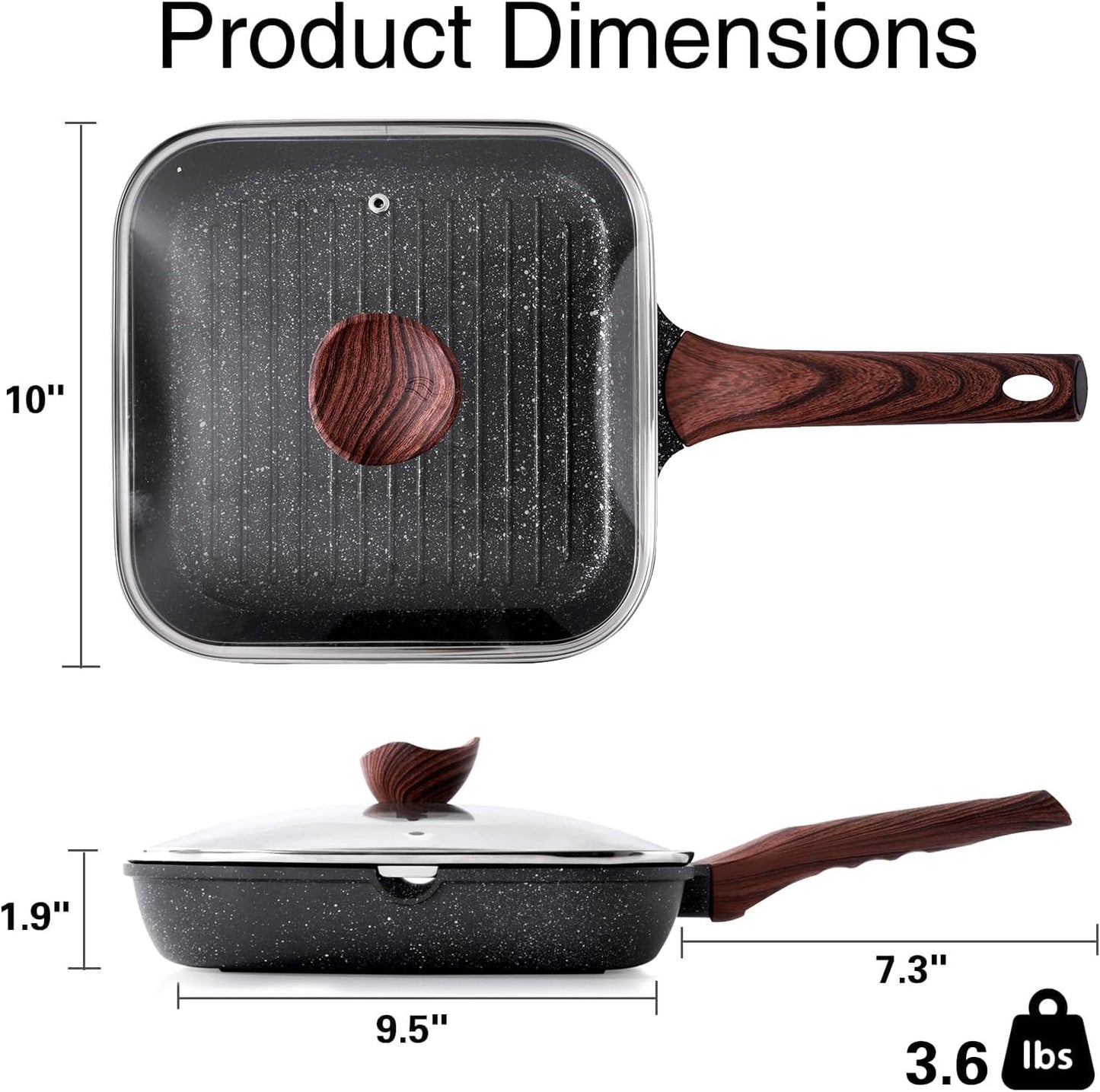 Kordisen Nonstick Grilling Pan with Lid for Stove Tops, 9.5 Inch Square Grill Pan for Indoor Cooking, Granite Coating Grill Skillet with Pour Spouts, Versatile Griddle, Induction Steak Pan, PFOA Free