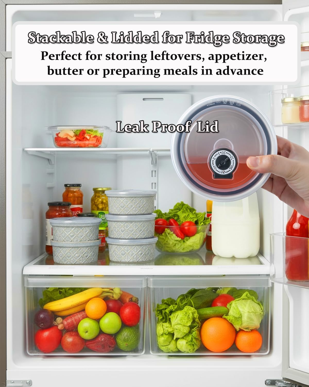 Ceramic Mixing Bowls with Lids Set of 4, Embossed Nesting Storage Bowls for Cooking, Serving, Salad, Popcorn etc, Microwave and Dishwasher Safe, Baking Dishes 12/16/28/40 oz (Gray)