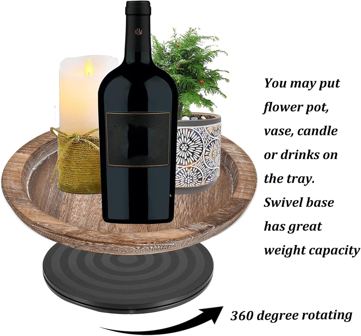 Turntable Rustic Wooden Serving Tray: Hanobe Round Wood Decorative Vintage Centerpiece Candle Holder Trays Farmhouse Ottoman Tray with Turn Table for Kitchen Countertop Coffee Table