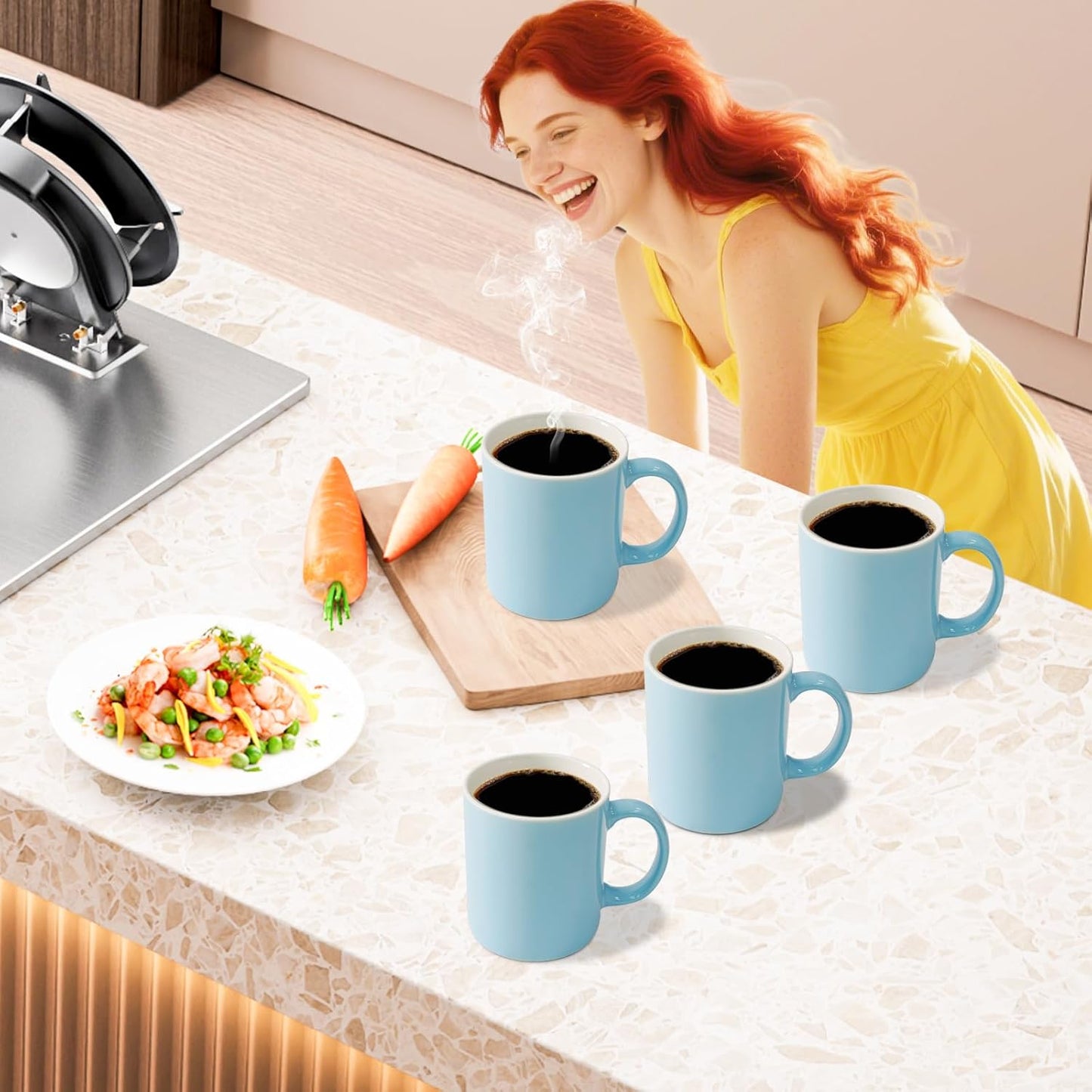 12 oz Cup (4pcs), Plain Gloss Light Blue Ceramic Coffee Mug for Milk Tea, Set of 4