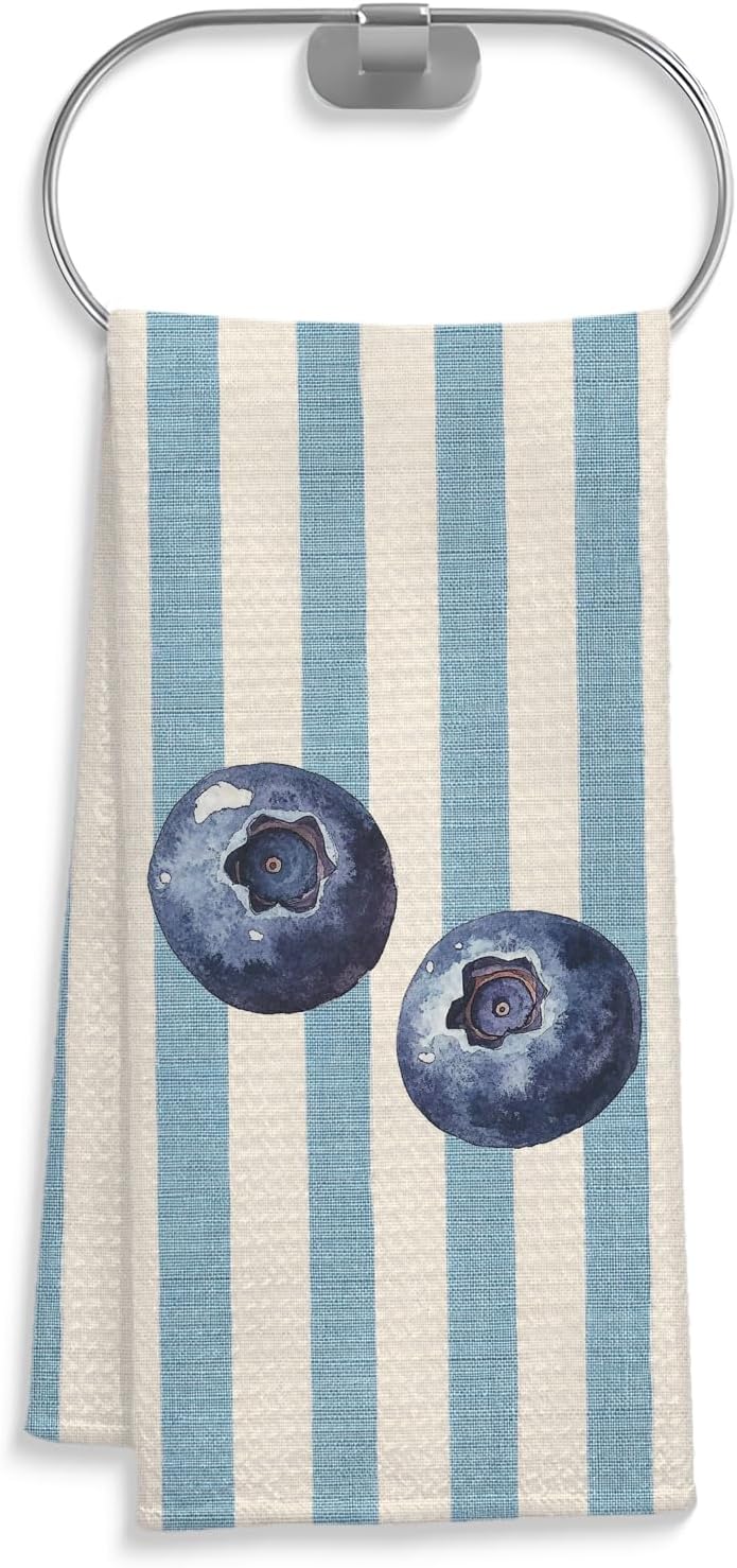 Blueberry Decor Kitchen Towels, Blue and White Striped Summer Blueberry Dish Tea Towel for Kitchen Decor, Fruit Lover Gifts Decorative Hand Towels for Bathroom, 16x24 Inch