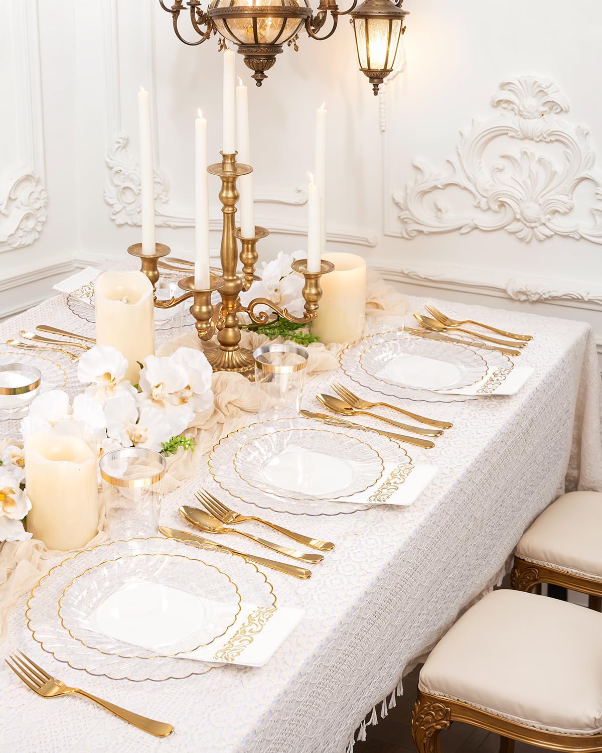 YOUBET 175PCS Gold Scalloped Plastic Plates - Clear and Gold Disposable Dinnerware Set Include 50 Plates, 75 Gold Silverware, 25 Cups, 25 Napkins for Party & Wedding & Thanksgiving