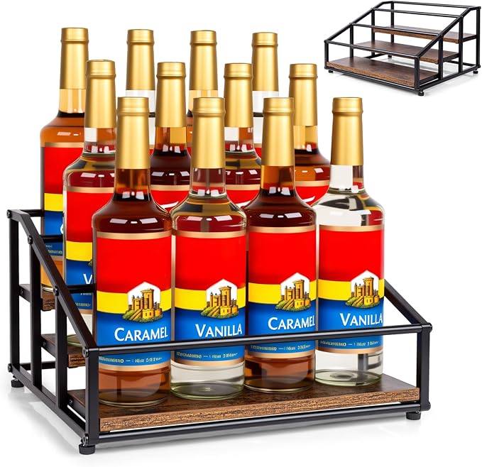 Coffee Syrup Organizer Rack, Liquor Bottle Display Shelf, 3 Tier 12 Syrup Bottles Holder Stand for Coffee Bar Kitchen Small Wine Rack for Family Storage for Syrup Wine Dressing