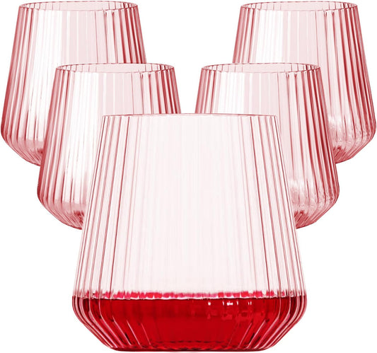 40 Pack Plastic Ribbed Wine Glasses, 14Oz Origami Disposable Wine Glasses Unbreakable Clear Plastic Cocktail Glasses Recyclable Shatterproof Reusable Wine Cups (14oz-pink-40pack)
