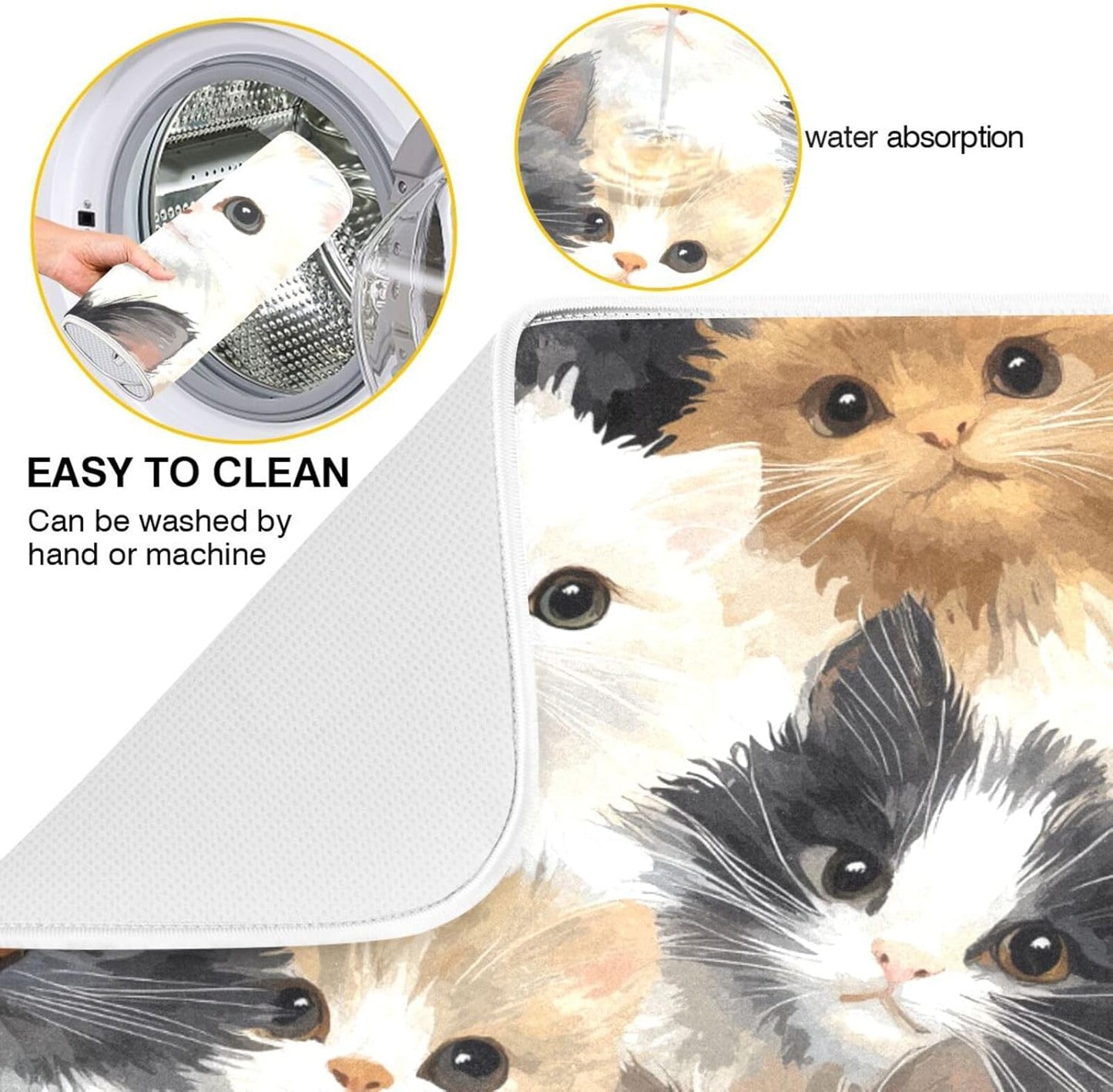 Cat Faces Pattern Dish Drying Mat for Kitchen Counter Super Absorbent Dishes Pad Reversible Microfiber Protector Dish Draining Mats 16x18 inch