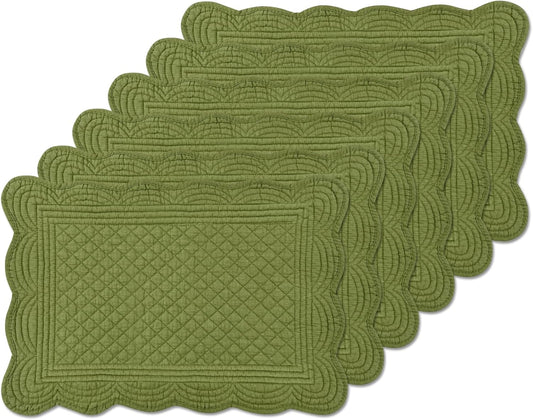 6 PC Quilted Placemats, 18"X13"Extra Large Cotton Placemats Set of 6, 100% Cotton Fabric Washable Cloth Table Mats for Kitchen & Dining Table - Soft &Easy Clean(Olive Green, Rectangular)