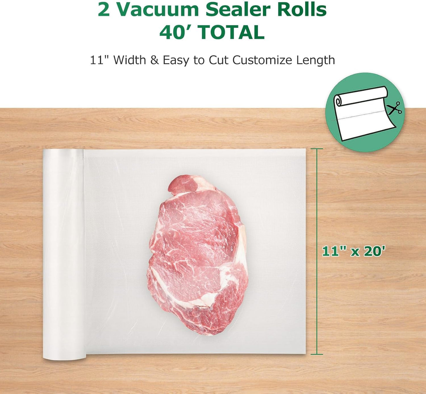 FRESKO Vacuum Sealer Bags Rolls 2 Packs 11" x 20', Commercial Grade Seal a Meal Bags for Storage Food and Sous Vide, BPA Free, Heavy Duty Customized Size Freezer Bags for Vacuum Sealer