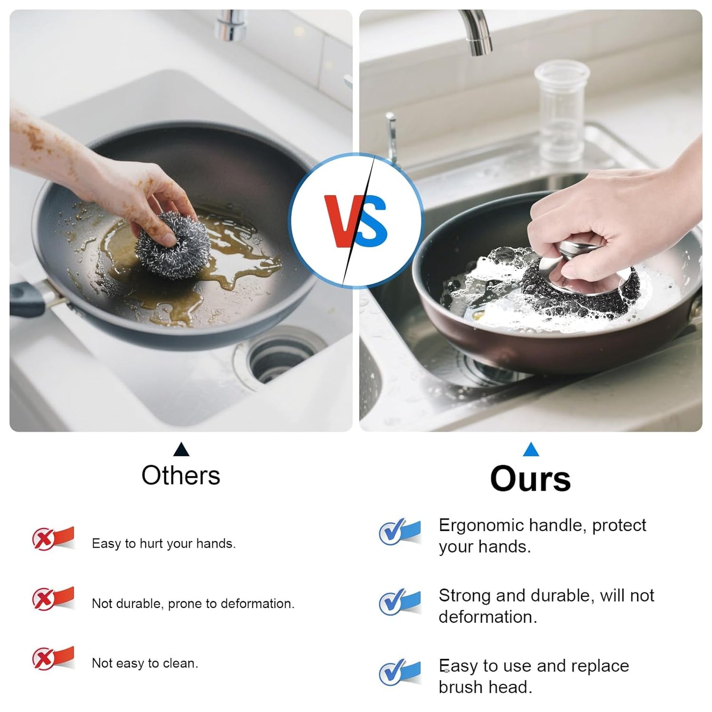 5PCS Stainless Steel Scrubber Pads, Steel Wool Scrubber Set with 2Pcs Handle, Stainless Scrubber for Cleaning Kitchen and Household, Dishes, Stoves, Grill, Wash Sink, Pots