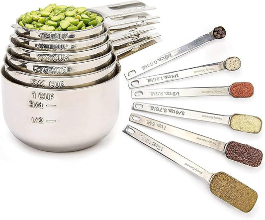 Simply Gourmet Measuring Cups and Spoons Set of 12 – 18/10 Stainless Steel Kitchen Gadgets – Stackable Design with Long Handle Spoons – Fits in Jars – Cooking & Baking Measuring Set for Dry & Liquid