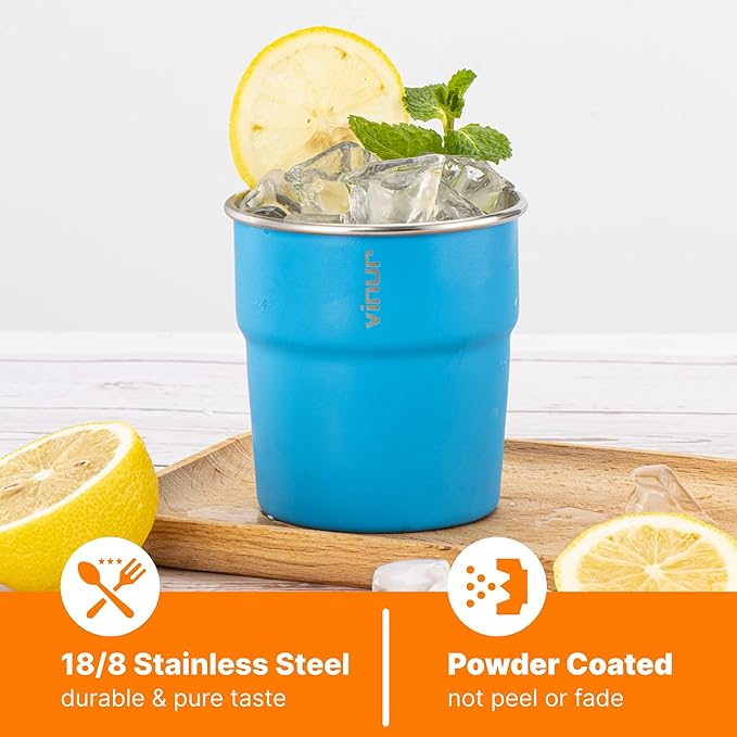 VINUR Kids Stainless Steel Cups-8 oz Stackable Metal Drinking Tumbler Glasses for Travel, Camping, Outdoors (Sky Blue-Orange-Hot Red-Apple Green)