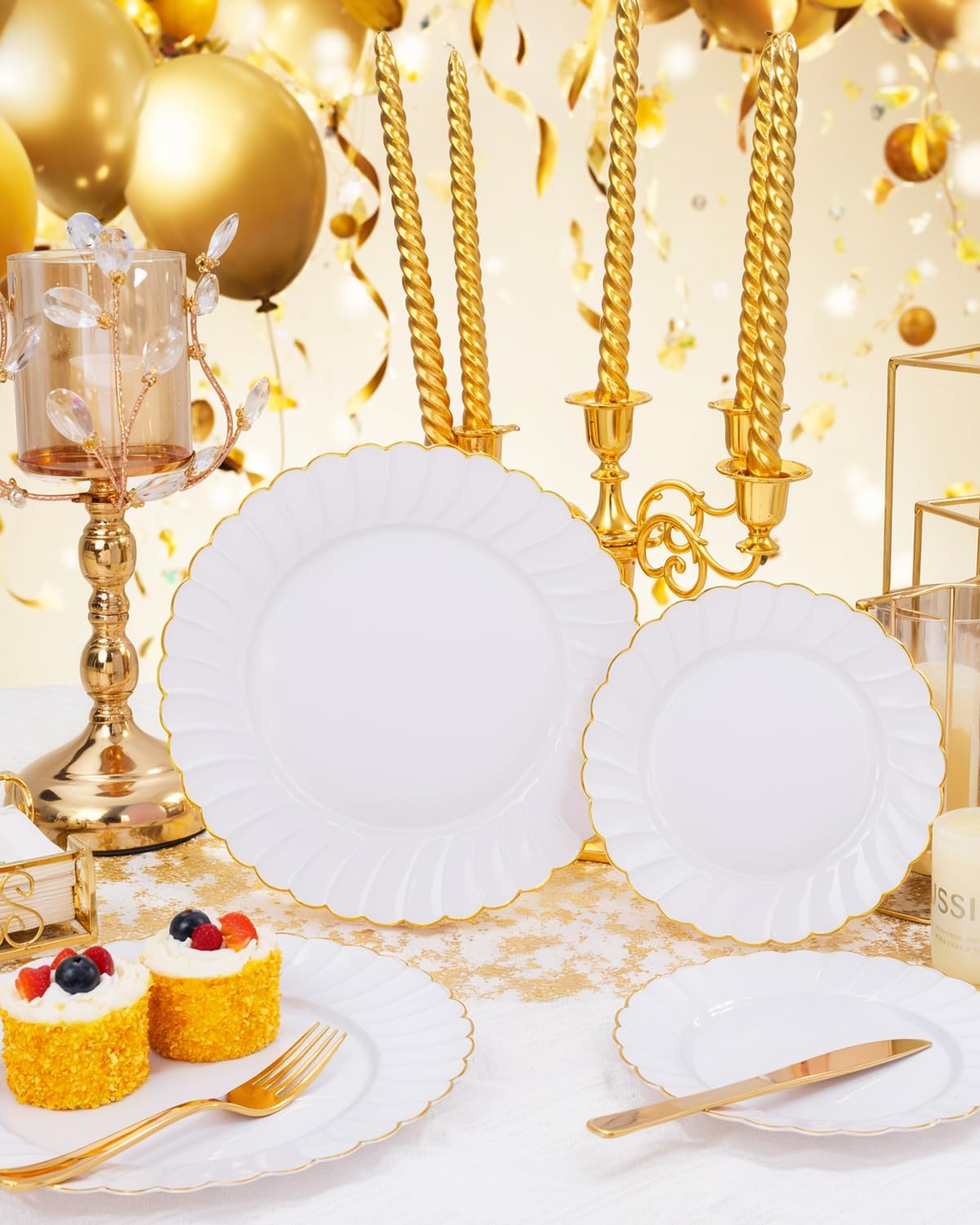 YOUBET 175PCS Gold Scalloped Plastic Plates - White and Gold Disposable Dinnerware Set Include 50 Plates, 75 Gold Silverware, 25 Cups, 25 Napkins for Party & Wedding & Thanksgiving