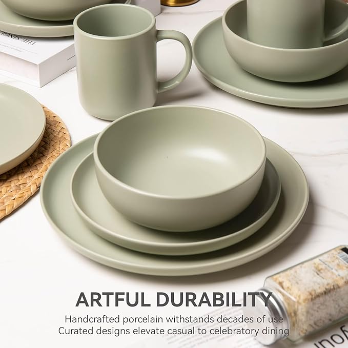12-Piece Matte Green Dinnerware Set,Stoneware Dinnerware for 3, Microwave & Dishwasher Safe, Stackable Design for Kitchen and Dining - Plates,Bowls and Mugs