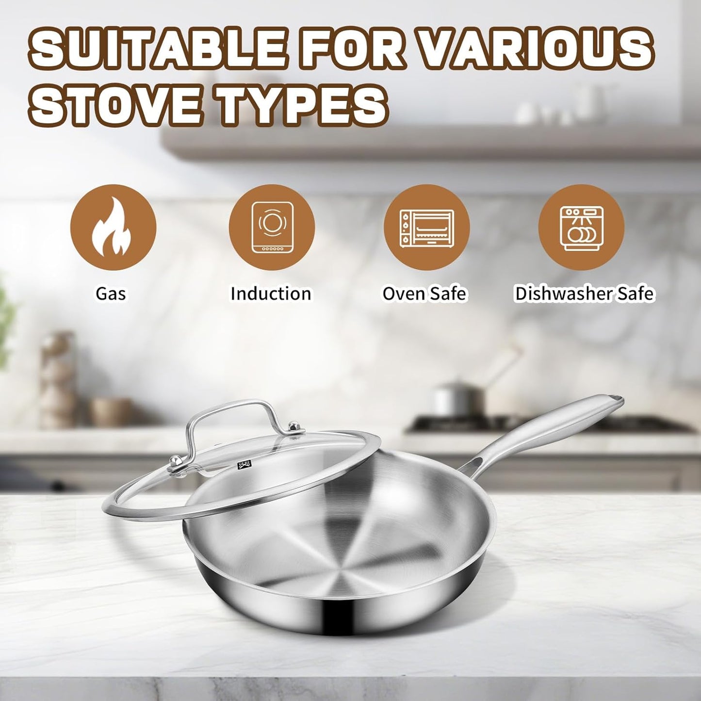 GOLDEN KEY 12 Inch Tri-Ply Stainless Steel Frying Pan, Stainless Steel Pans with Lid,Stainless Steel Skillet Induction All Cooktops, PFOA/PTFE Free Skillet,Health&Safety,Heavy Duty&Fast & Even Heat