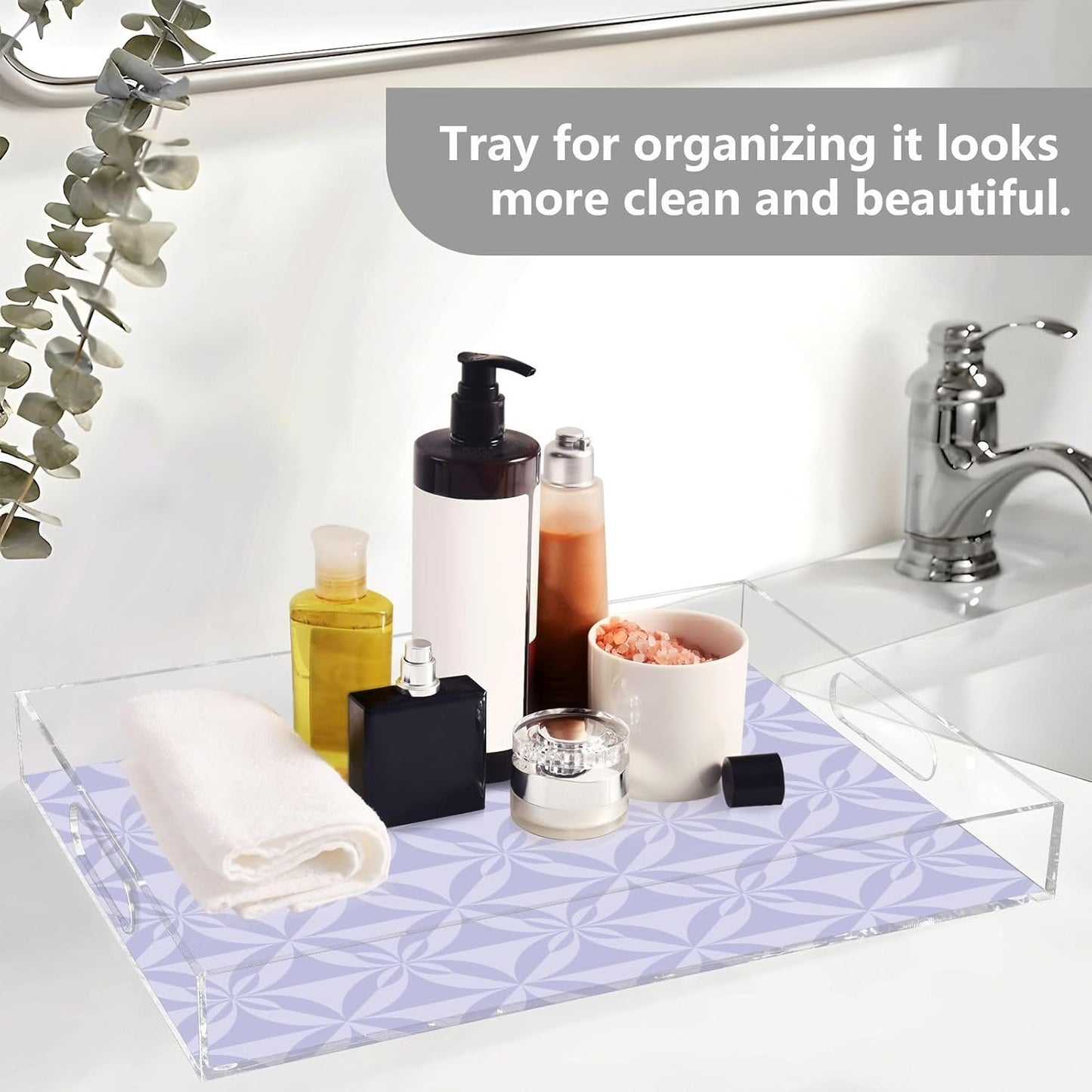 Acrylic Serving Tray with Handles Spill Proof Kitchen Storage Tray Clear Decorative Tray Makeup Drawer Organizer Storage Tray for Bathroom Living Room Ottoman 15.7x11.8Inches