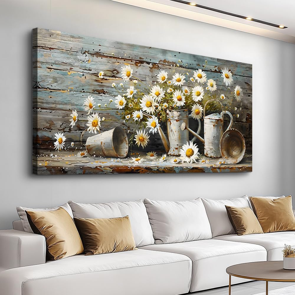 QIYILEXWART Large Wall Decor For Living Room Canvas Wall Art For Kitchen Modern Wall Decorations For Bedroom Daisy Rustic Landscape Painting Farmhouse Pictures Artwork Room Home Decor 24x48 In