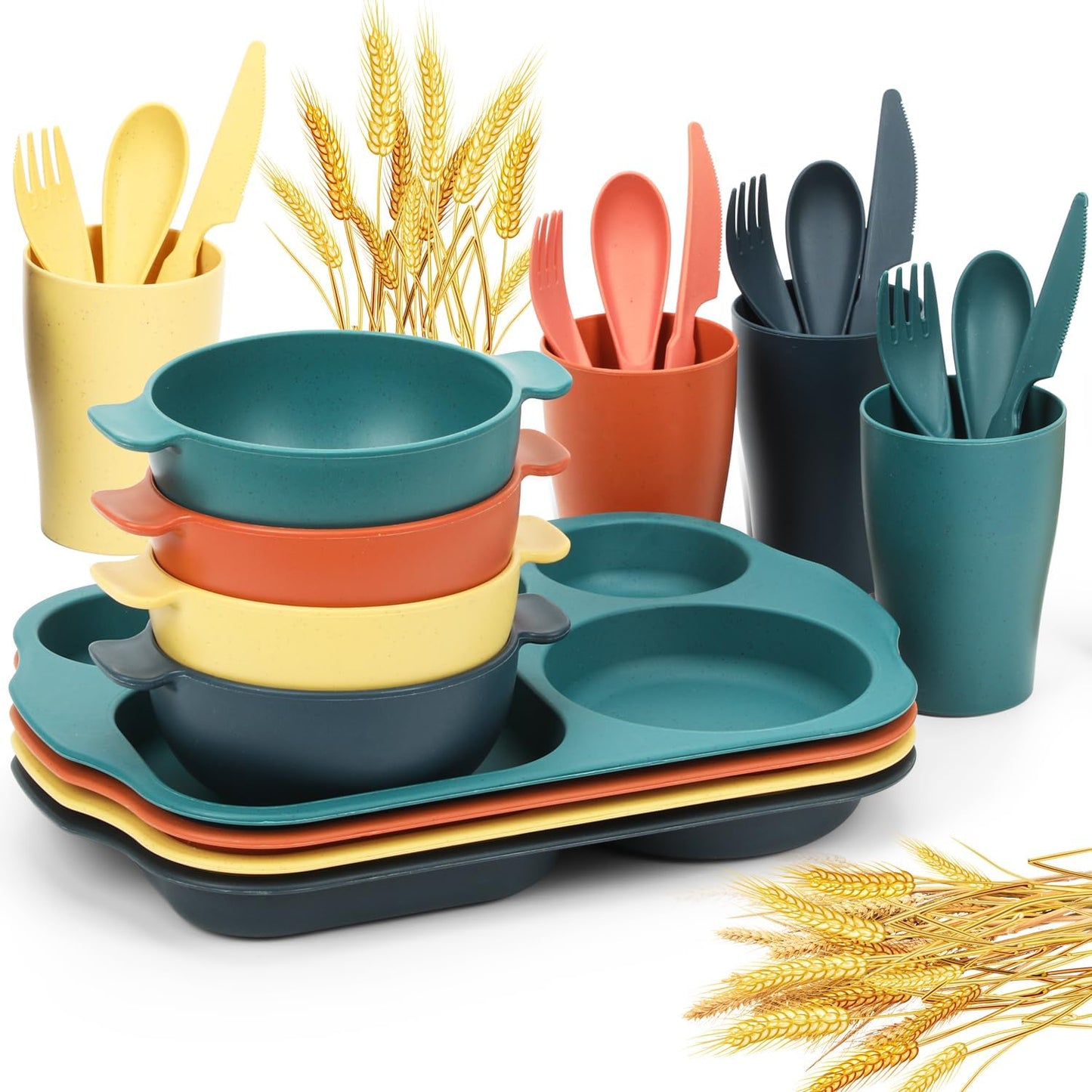 24 PCS Wheat Straw Dinnerware Set for Kids Toddler Plate Bowl Cup Set Unbreakable BPA-Free Tableware with Divided Plate Microwave Dishwasher Safe Perfect for Home School Picnics