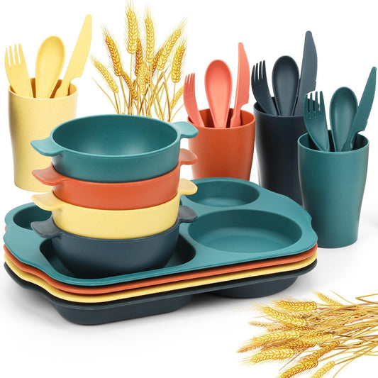24 PCS Wheat Straw Dinnerware Set for Kids Toddler Plate Bowl Cup Set Unbreakable BPA-Free Tableware with Divided Plate Microwave Dishwasher Safe Perfect for Home School Picnics