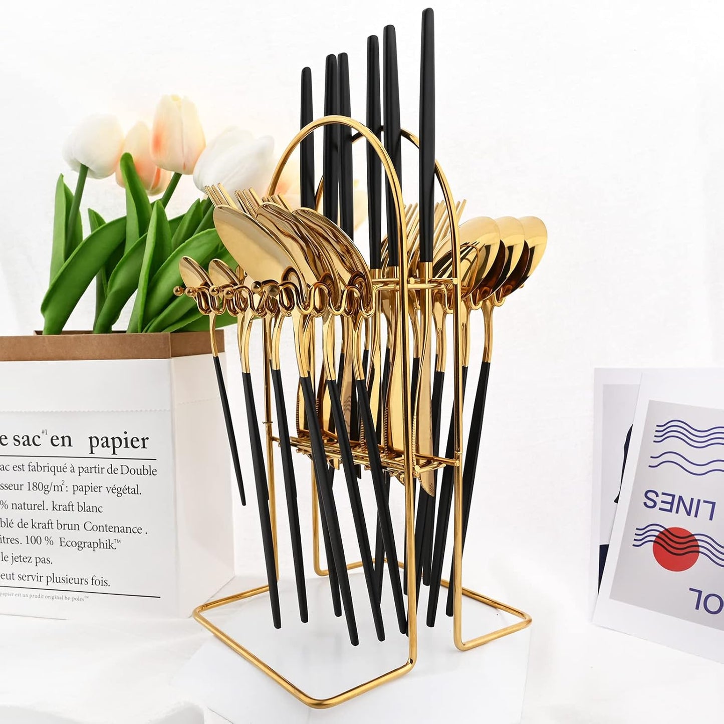 Black Gold 24Pcs Flatware Set With Stand, Lightweight Dinnerware Set Stainless Steel Cutlery With Black handles For Home Kitchen Wedding Party And Daily Use,Service For 6, Mirror Polish