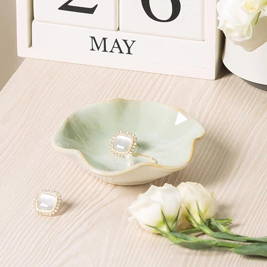 2Pcs Ceramic Jewelry Dish - Lotus Leaf Shape, for Ring Holder Necklace Small Key, Suitable for Mother Friend Sister, Gifts for Women, Cute Plate Trinket Tray, Home Decor (Green & White)