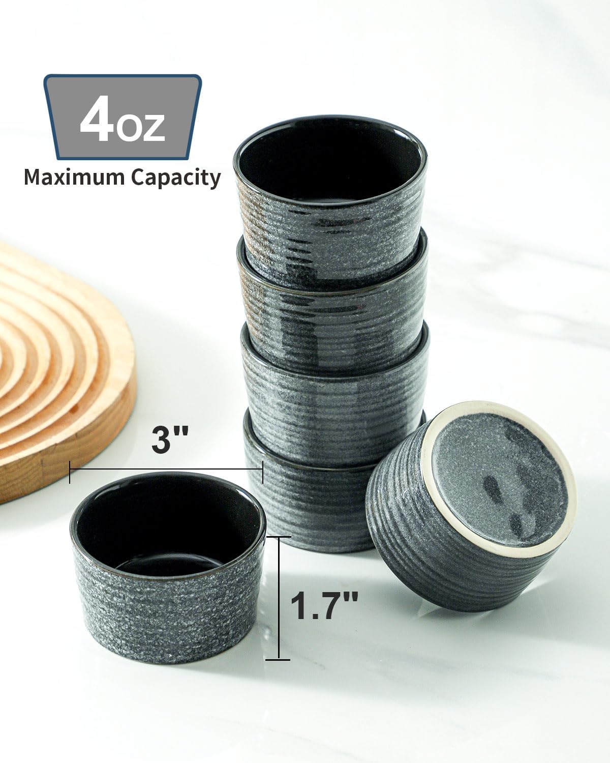Hasense 4 oz Ramekins Oven Safe,Ceramic Creme Brulee Dish for Baking Set of 6,Porcelain Dipping Sauce Bowls for Pudding, Souffle,Serving Dip,Custard,Ice Cream, Grey