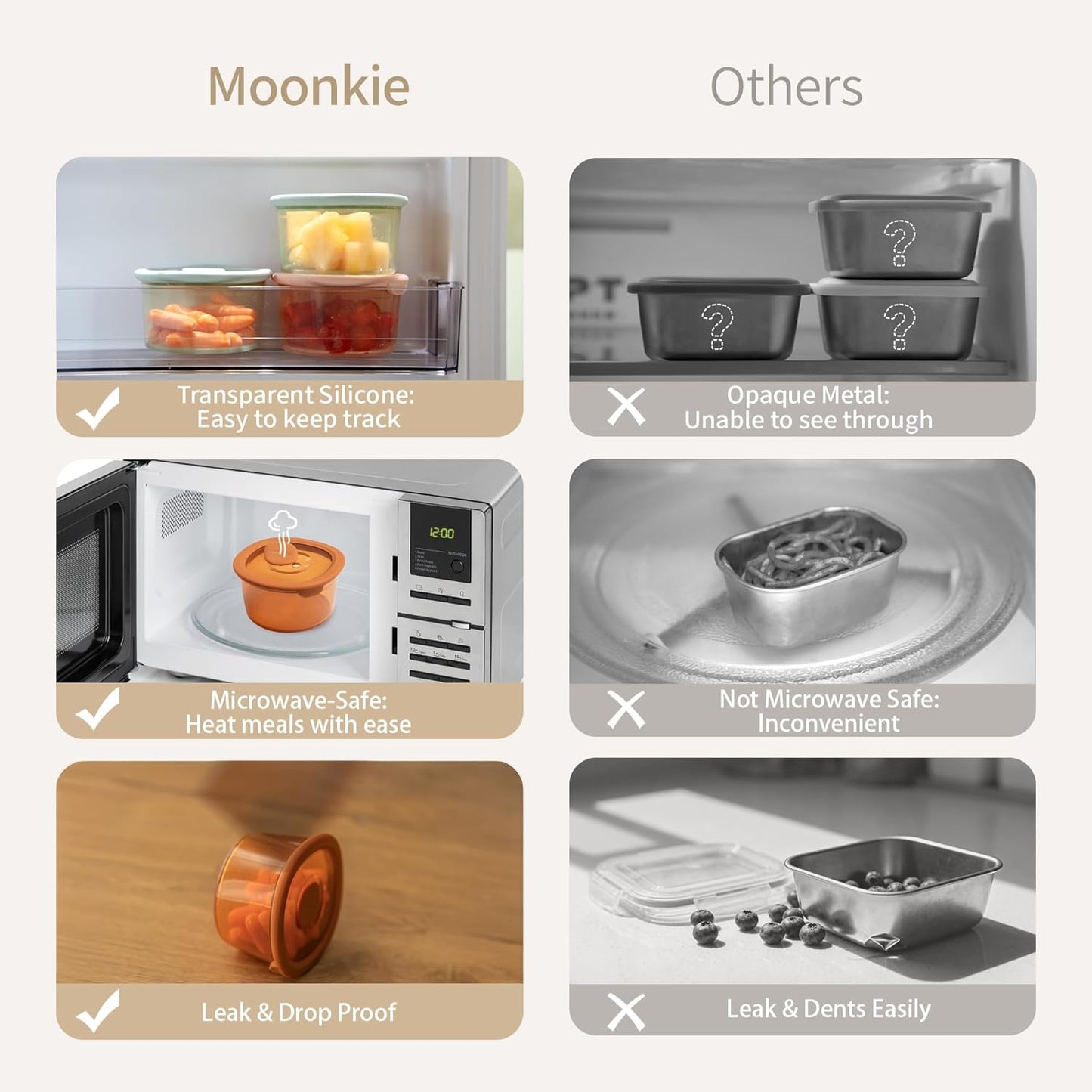 Moonkie Silicone Snack Containers for Kids and Toddlers | 8 oz Baby Food Containers with Airtight Lids and A Snack Lid | Baby Food Jars | BPA Free | Freezer & Dishwasher Safe | 6 Pack