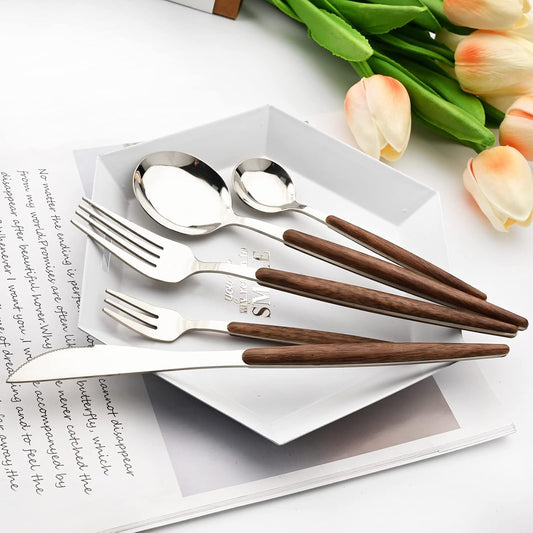 20 Piece (4 Set) Wood Handle Silverware Set, Retro 18/0 Stainless Steel Cutlery Set, Kitchen Utensils Include Knife Fork Spoon, Mirror Polish, Silver