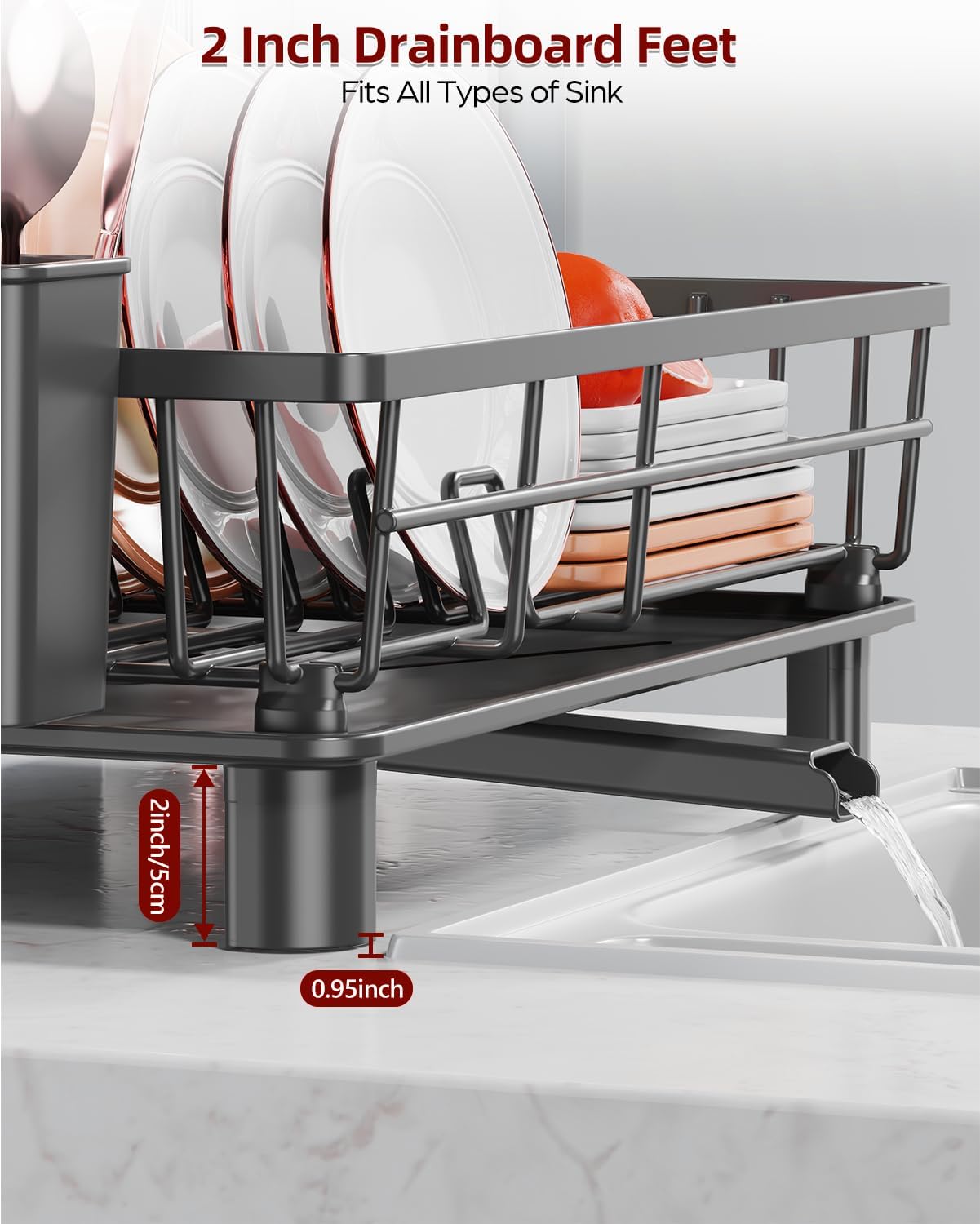 Dish Drying Rack with Cutlery Holder, Black, Kitchen Counter Organizer, Drainboard for Plates, Bowls, Utensils Rustproof Drying Rack Kitchen with Utensil Holder and Increased Feet, Black