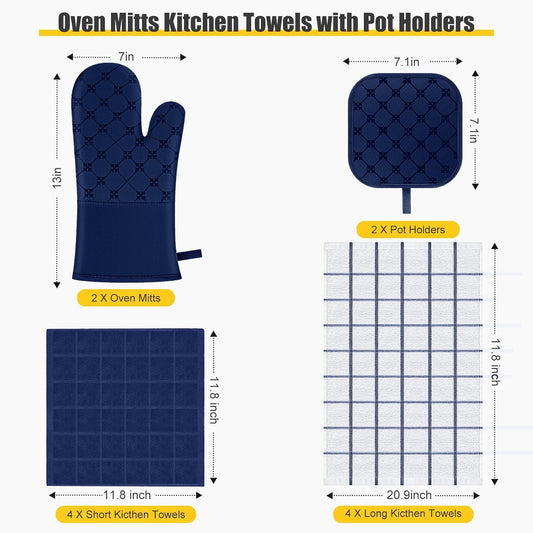 Oven Mitts Kitchen Towels Dishcloths with Pot Holders Sets 12PCS,Dish Towels Sets,Oven Gloves Pot Pads Heat Resistant 500 Degrees with Non-Slip Silicone Surface for Cooking Baking Grilling-Marine Blue