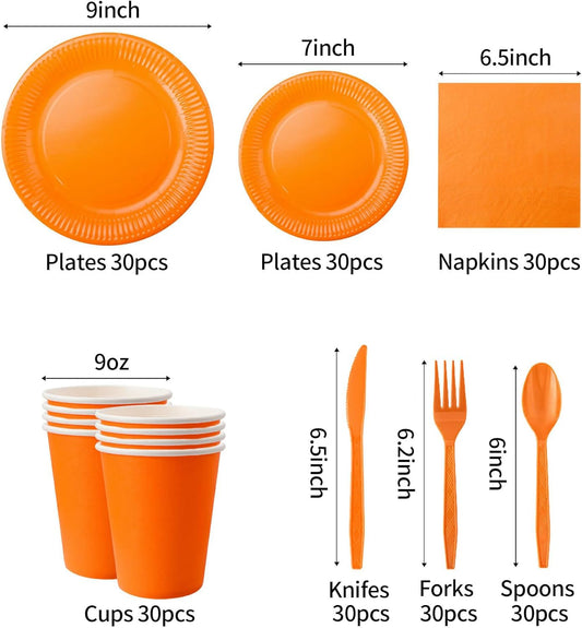 210pcs Orange Paper Plates Disposable Tableware Party Supplies- Includes 9" Dinner Plates, 7" Dessert Plates, 9oz Paper Cups, Napkins, Plastic Forks, Knives And Spoons For All Holiday Parties