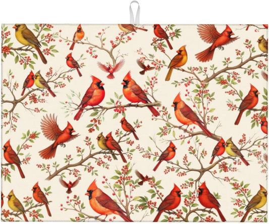 Red Cardinal Bird Floral Dish Drying Mats for Kitchen Counter & Sink, Absorbent Microfiber Cardinal Drying Pad for Dishes, 18" x 24" Foldable Kitchen Mat for Dining Area, Christmas Gifts, Home Decor