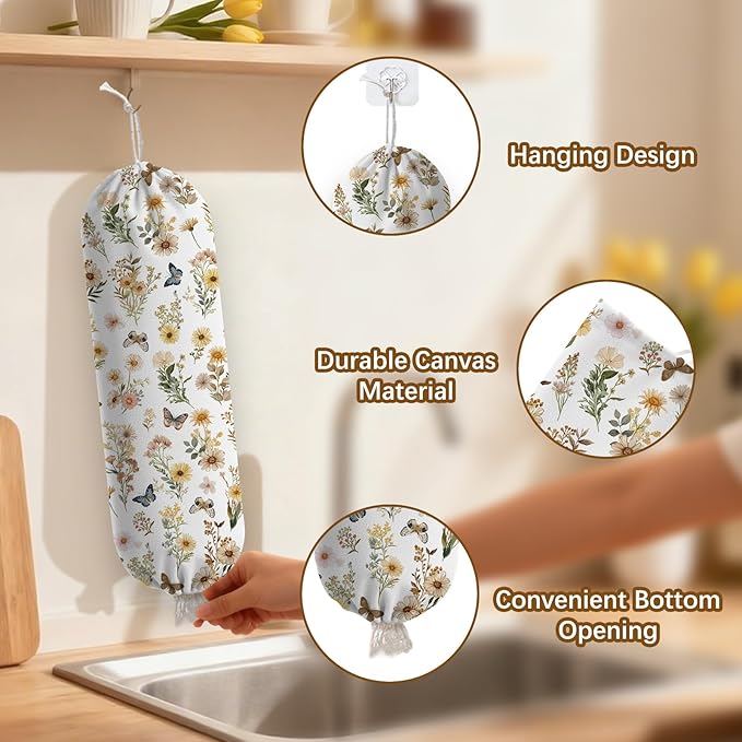 Plastic Bag Holder Butterfly Floral Bag Holder Dispenser, Plastic Grocery Bag Organizer & Wall Mount Paper Trash Bags Saver Storage for Kitchen Home Pantry Decor, Shopping Bags Storage Dispenser