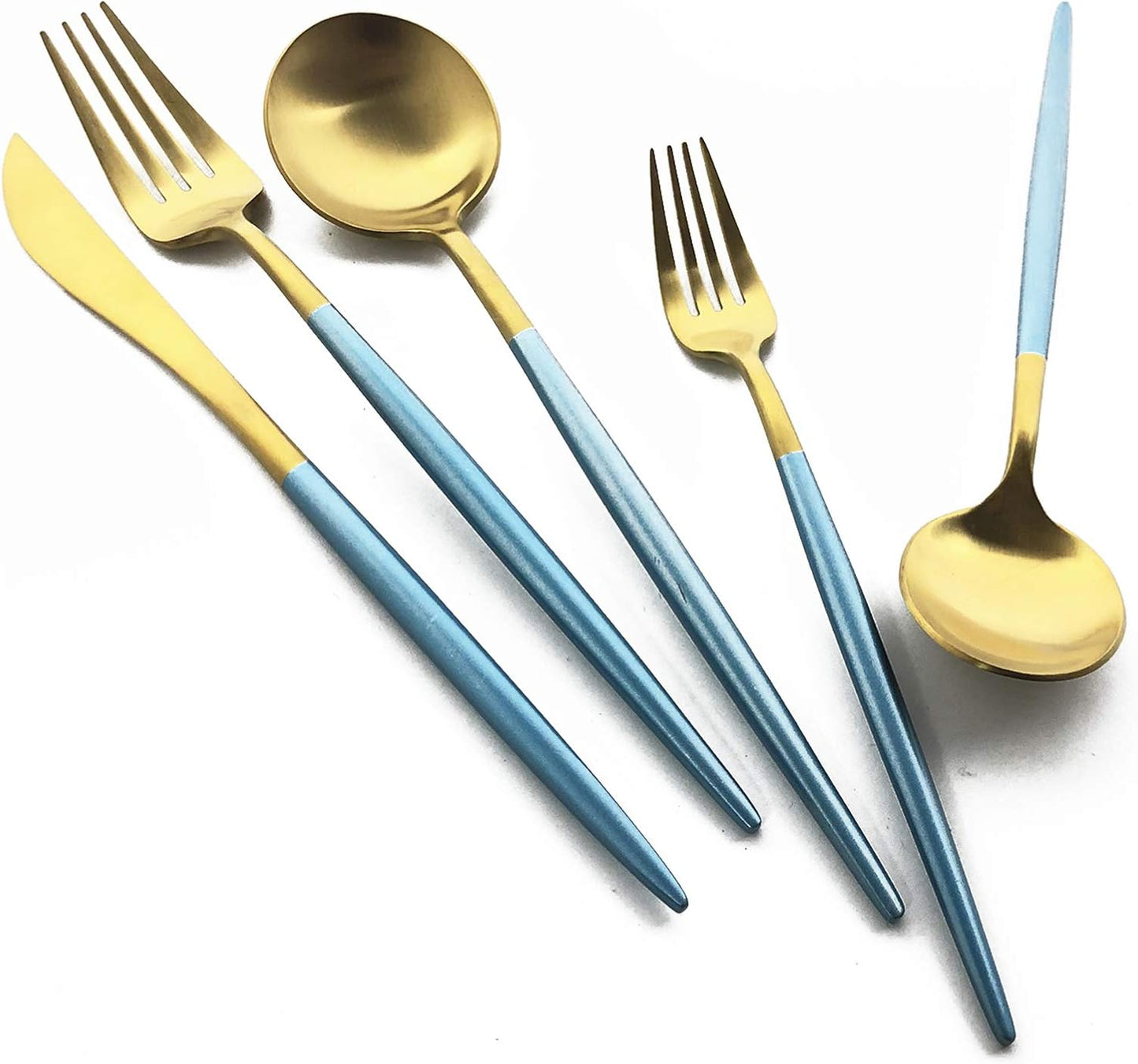 Silverware Set, Hand polished Matte Gold Blue Flatware Cutlery Set Service for 4, Satin Finish 20 Pieces 18/10 Stainless Steel Utensils Set for Home and Restaurant, Dishwasher Safe