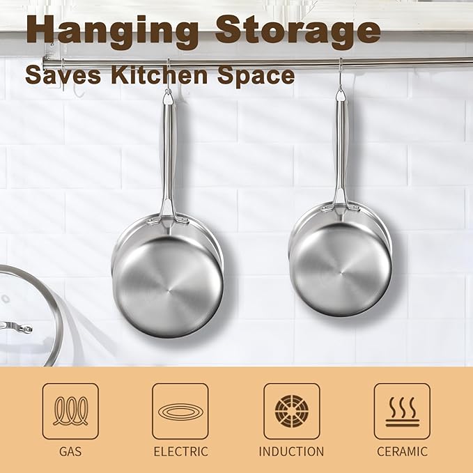 1Qt and 2Qt Triple Stainless Steel Saucepan with Lid, Ramen Pot with Clear Glass Cover, Small Sauce Pan for Cooking Oatmeal, Induction-Ready, Dishwasher-Safe, Suitable for All Stoves