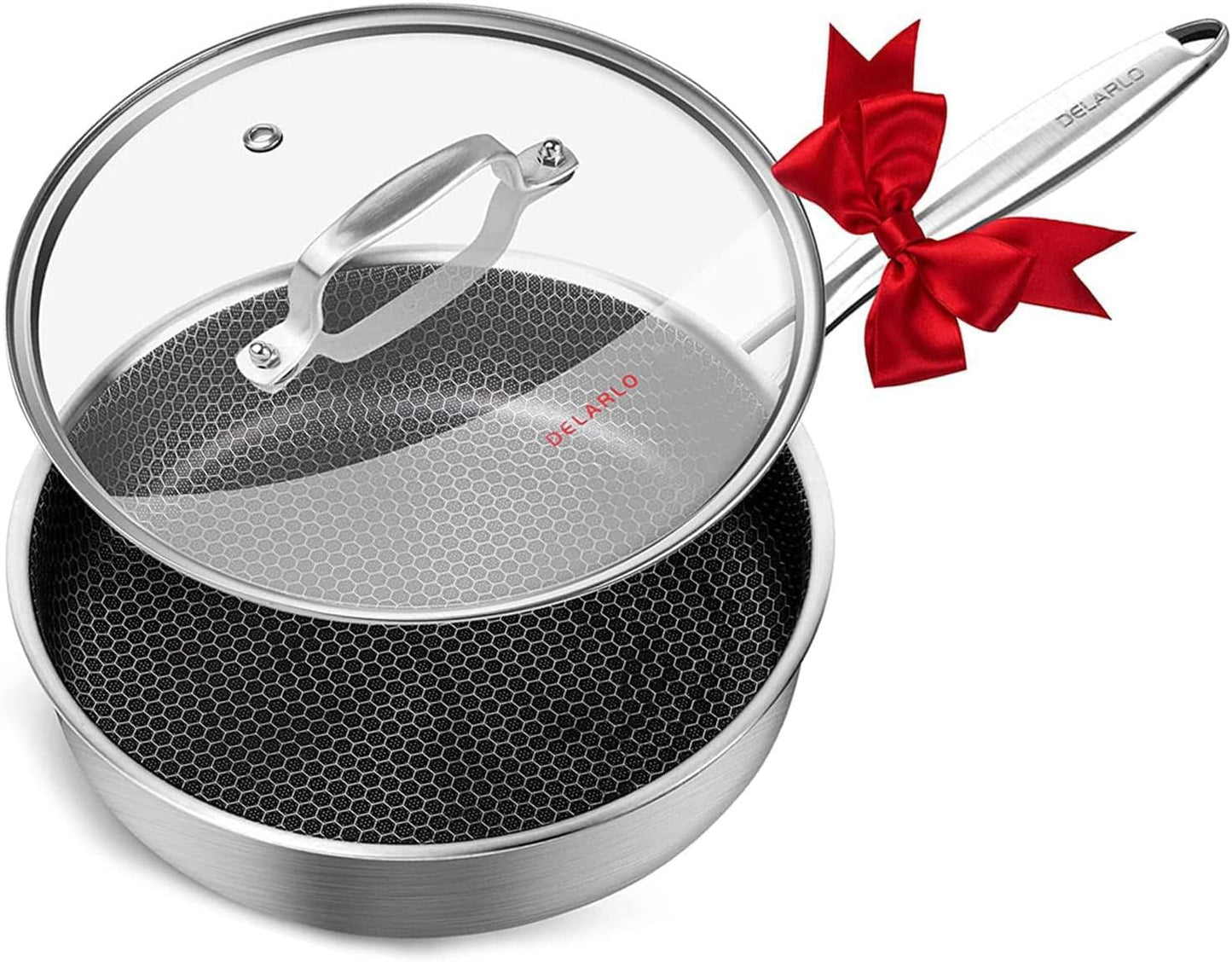 DELARLO Tri-Ply Hybrid Stainless Steel 10 Inch Saute Pan,3QT Chef Cooking Pan,Anti-Scratch,Compatible with All Cooktops,Oven Up to 660℉,Chicken Fryer,Dishwasher-Friendly（Detachable handle）