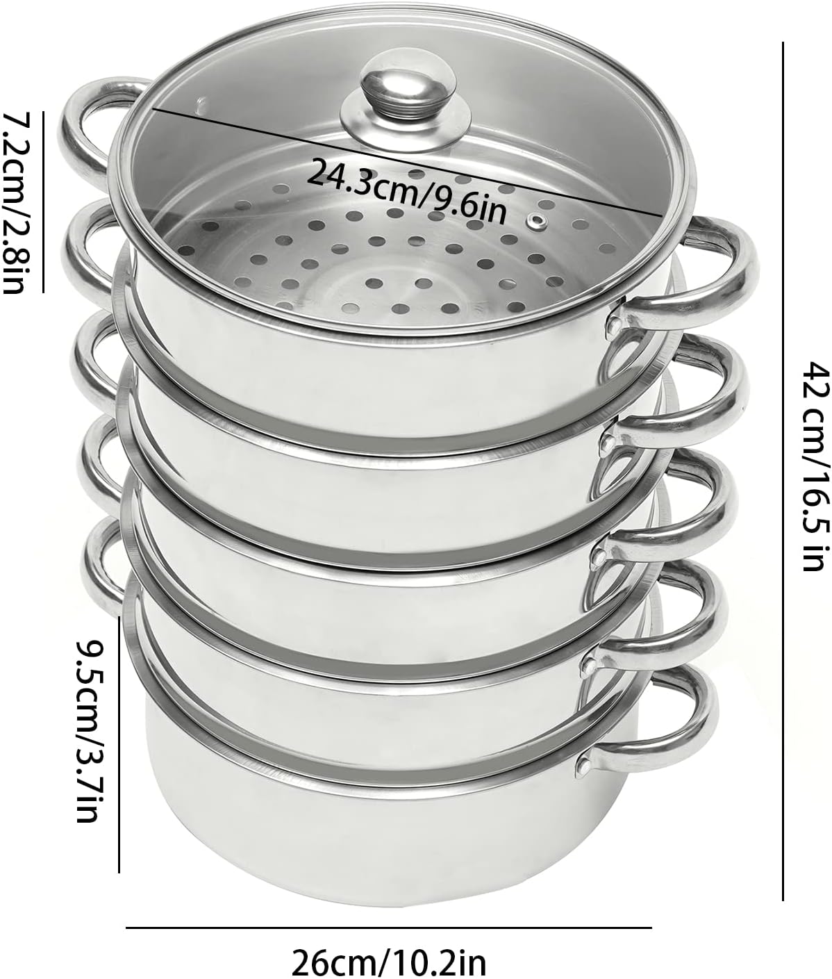 5 Tier Stainless Steel Cooking Steamer - 26/28/30cm Steamer Pot with Glass Lid for Home Kitchen Restaurant