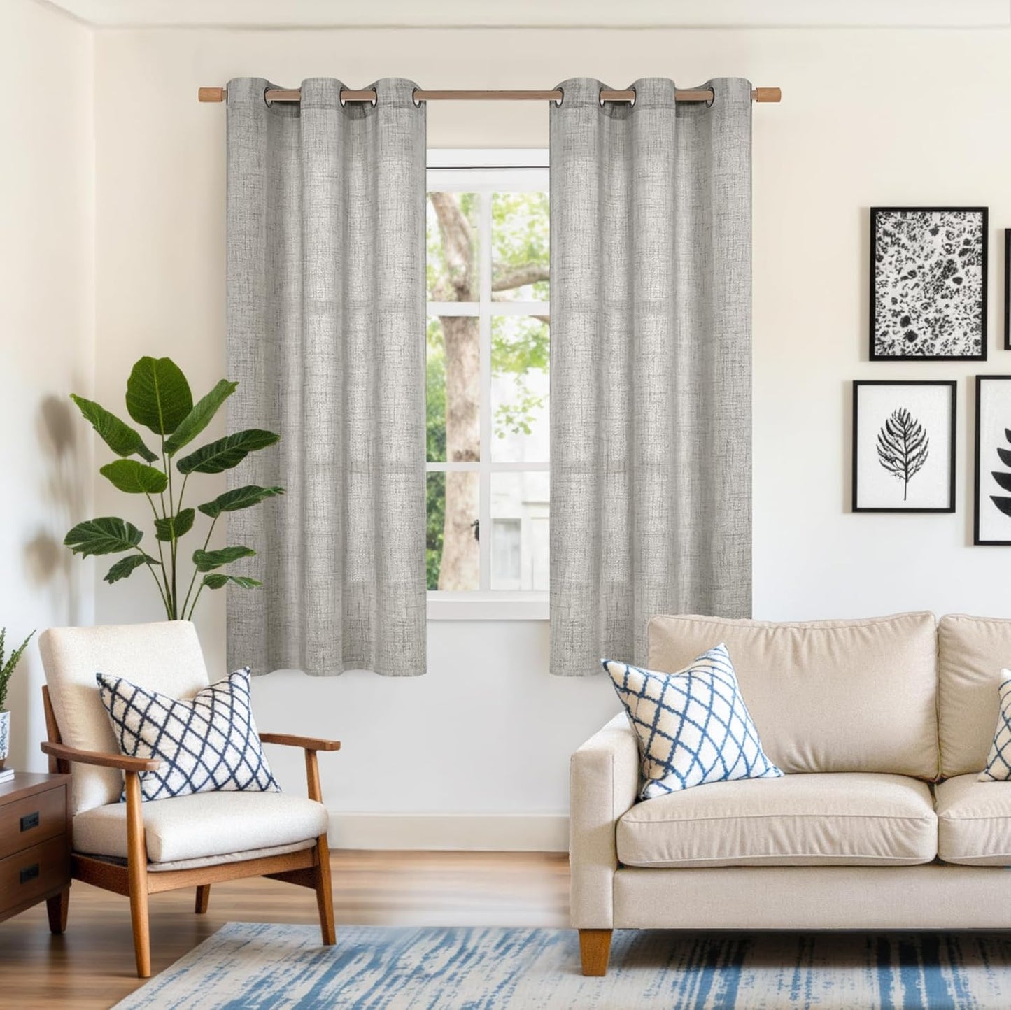 YoungsTex Linen Curtains 63 Inches Length Dark Grey Textured Light Filtering Drapes with Bronze Grommet for Short Living Room Bedroom, 2 Panels, 42 X 63 Inch