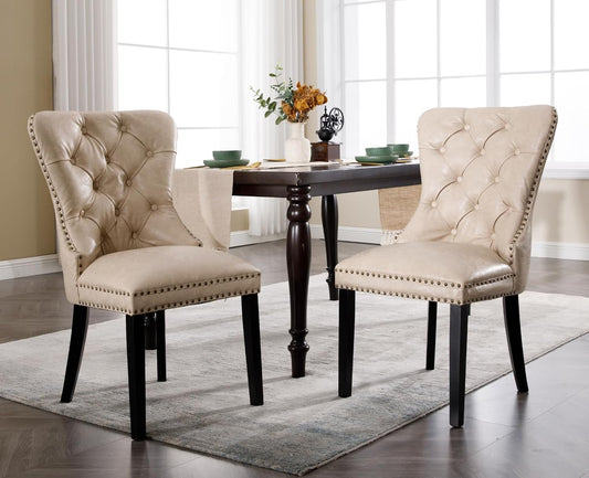 Beige Leather Dining Chairs Set of 2 Mid Century Modern Tufted Chairs Armless Rubber Wood Vintage Chairs Upholstered Nailhead PU Side Chair with Pull Ring for Kitchen/Cafe Decor Furniture
