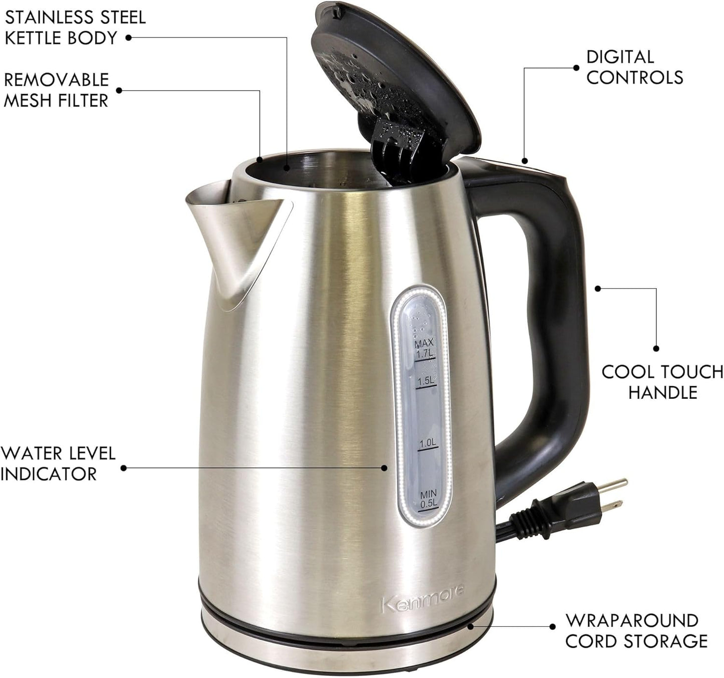 Kenmore Kettle - Digital Cordless Electric Kettles for Instant hot tea & coffee stainless steel automatic shut-off temperature control for boiling water spout filter countertop kitchen appliance 1.7L