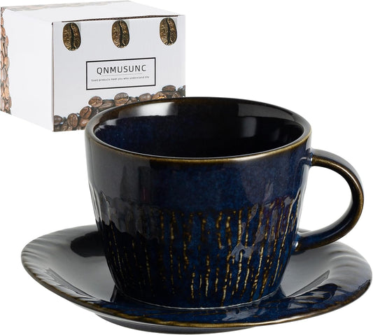 Ceramic Latte Cup with Saucer, 7 oz, Coffee Mug, Espresso Cups for Cappuccino, Milk Tea and Mocha, Dishwasher and Microwave Safe (blue)