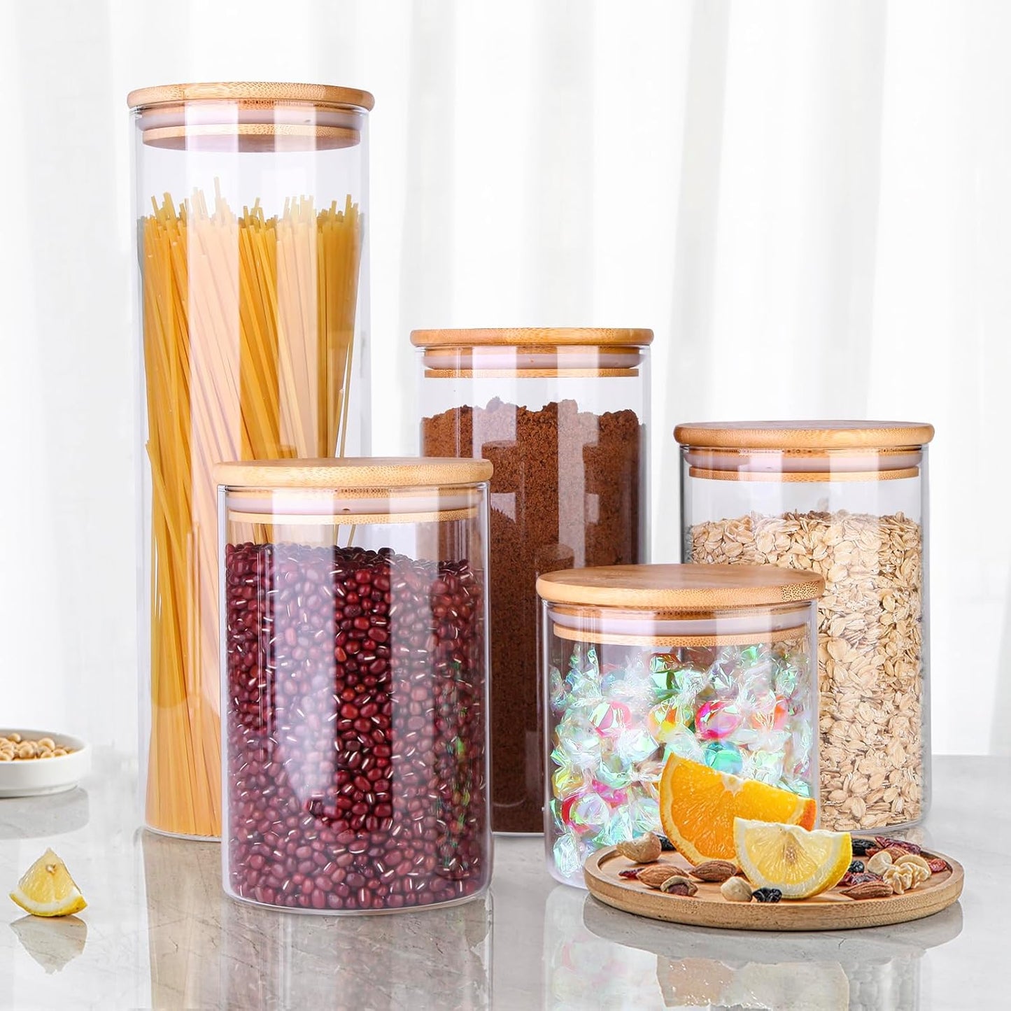 Glass Food Storage Jars, Food Containers with Airtight Bamboo Lids for Pasta, Cookies, Nuts, Coffee Beans, Cereal, Glass Canisters for Kitchen, Pantry Organization,Set of 5