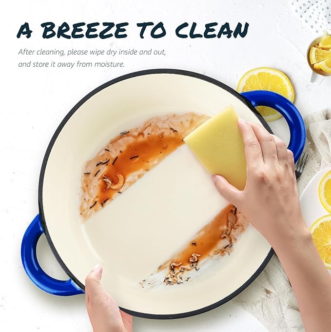 Overmont Enameled Cast Iron Dutch Oven - 5.5QT Pot with Lid Cookbook & Cotton Potholders - Heavy-Duty Cookware for Braising, Stews, Roasting, Bread Baking blue