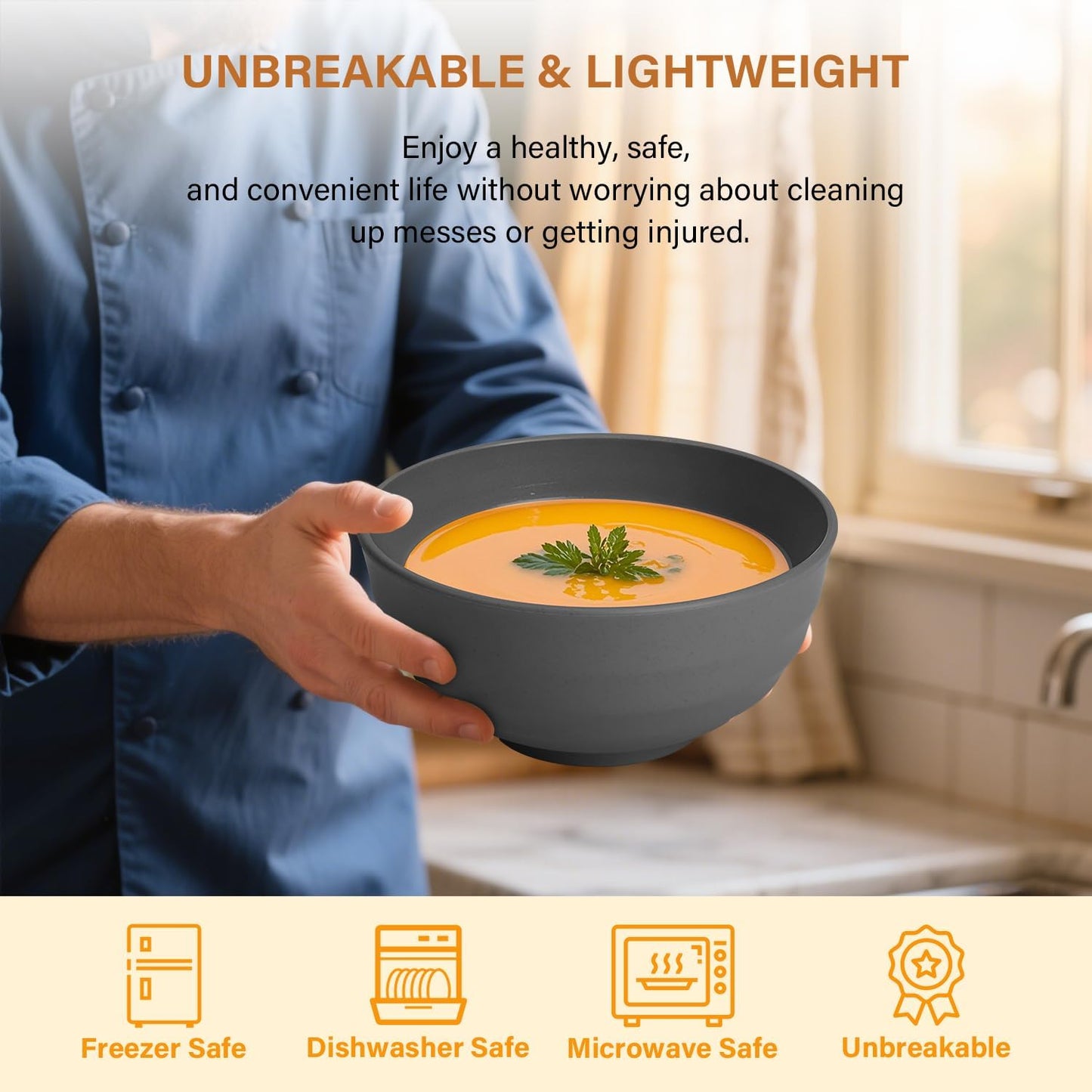 Homienly Wheat Straw Bowl Set, 60 OZ Unbreakable Lightweight Salad Bowls Set of 8, Bowls for Serving, Soup, Cereal, Dinner, Ramen, Microwave and Dishwasher Big Bowl for Kitchen, Camping(Grey, 60 OZ)