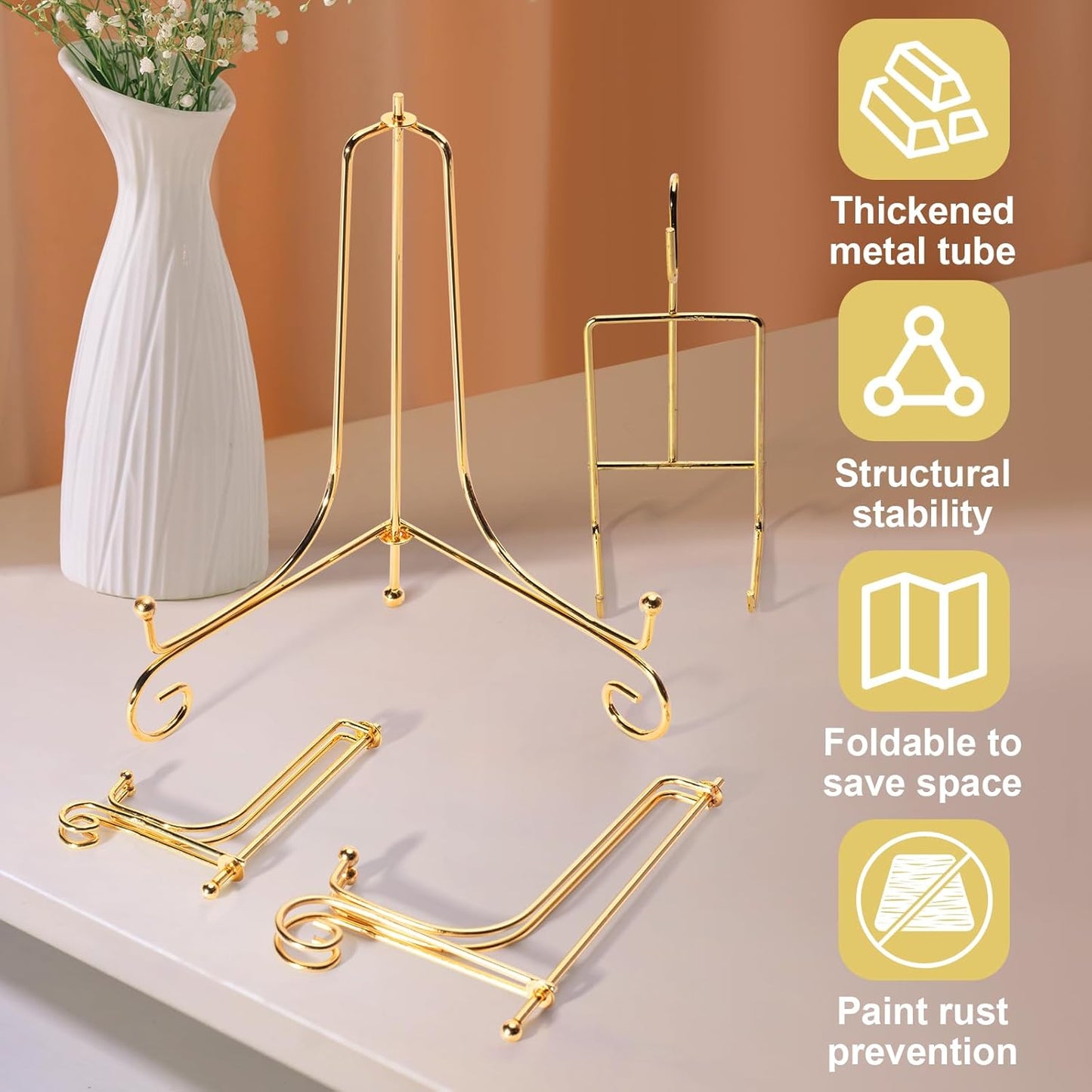 6 Pcs 3 Size Gold Plate Stands for Display, 4 6 8 Inch Plate Holder & 6 Cup and Saucer Display Stand for Displaying Picture Frames, Book, Card, Mug Organizer, Bowl, Decorative Plates, Tablet and Art