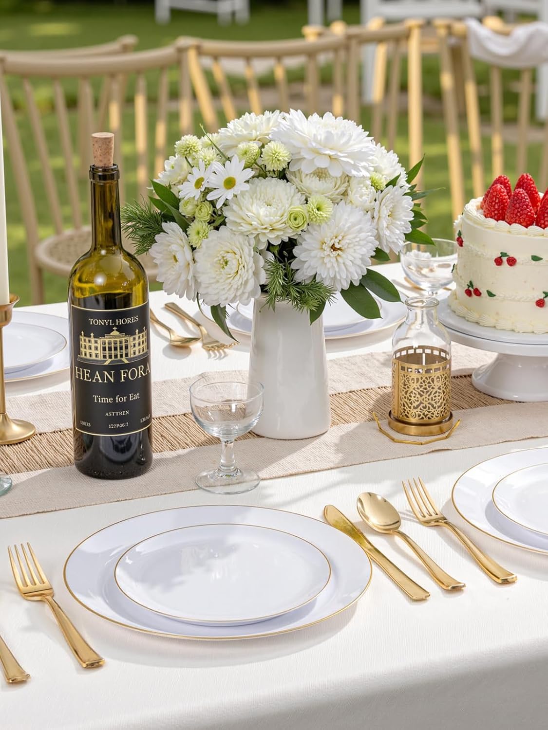 WDF 300PCS White and Gold Plates - Wedding Plastic Dinnerware Set for 50 Guests Include 50 Dinner & 50 Cake Plates, 50 Cutlery, 50 Cups for Wedding, Birthday, Thanksgiving Party