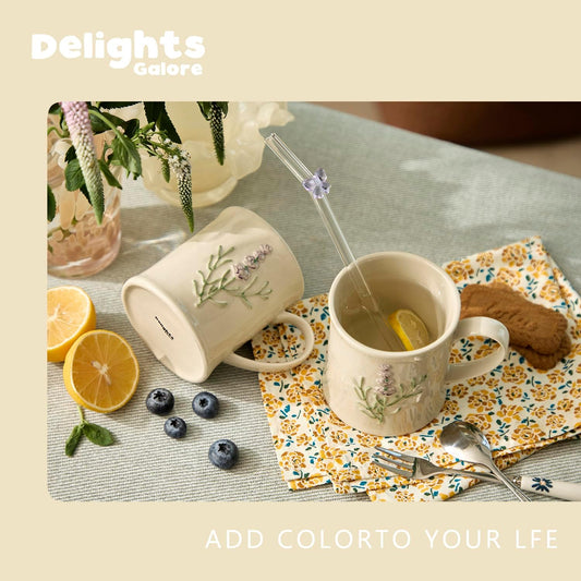 Artisanal Handcrafted Ceramic Mug with Sage Botanical Design - 12oz Off-White Stoneware Coffee Cup, Elegant Purple Sage Pattern, Dishwasher Safe, Comfort Grip Handle for Daily Use-2pack