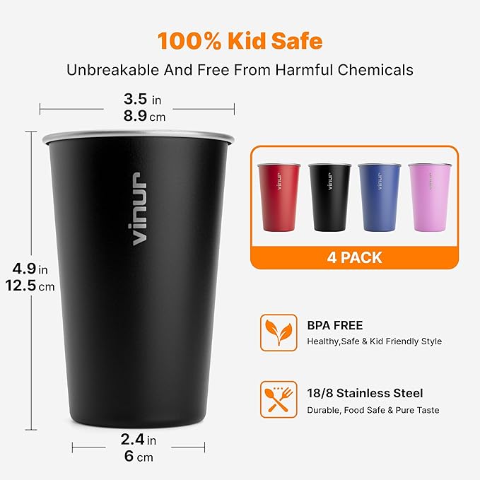 VINUR 16 oz Stainless Steel Cups 4 Pack Pint Tumbler Stackable Metal Drinking Glasses for Travel, Camping, Outdoors (Royal Blue-Canyon Red-Black-Purple Pink)