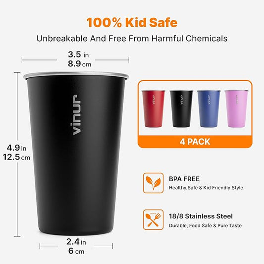 VINUR 16 oz Stainless Steel Cups 4 Pack Pint Tumbler Stackable Metal Drinking Glasses for Travel, Camping, Outdoors (Royal Blue-Canyon Red-Black-Purple Pink)