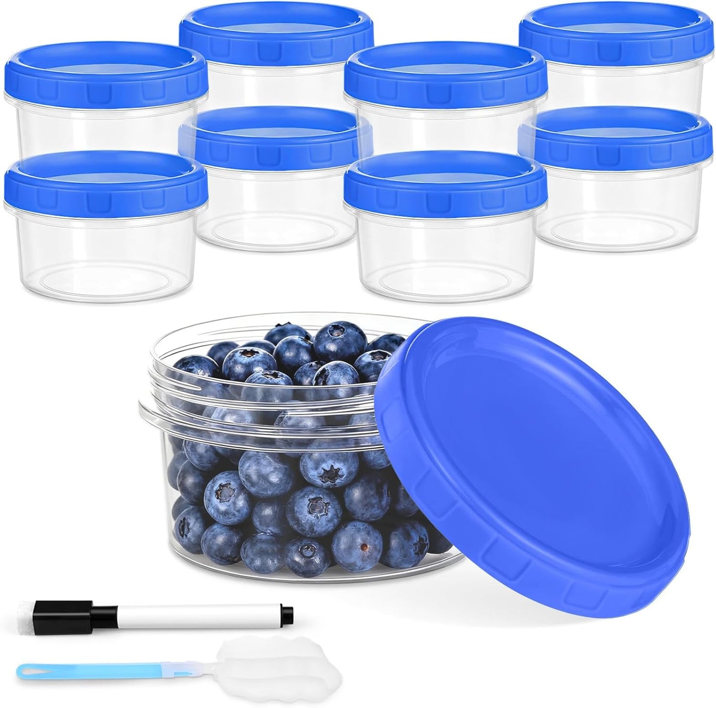 12 Pcs 8 oz Plastic Containers with Screw Lids, Reusable Clear Food Storage Containers with Pen and Brush for Snack Salad Fruit, Freezer Storage Containers, Microwave & Dishwasher Safe